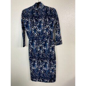 Samantha Sung Blue Abstract Silk Midi Dress Size 4 3/4 Sleeves Elegant Modest